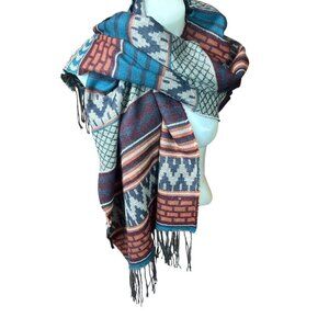 Veond Scarf Wrap Aztec Print Colorful With Fringe Acrylic